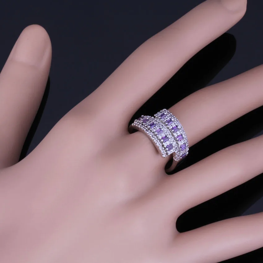 Superb Purple Cubic Zirconia White CZ Silver Plated Ring V0670