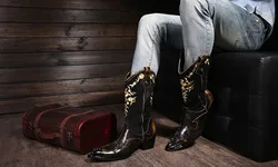 Italian New Steel Toe Metal Botas Masculina Knee High Boots Handmade High Heels Cowboy Boots Studded Mens Dress Boots Motorcycle