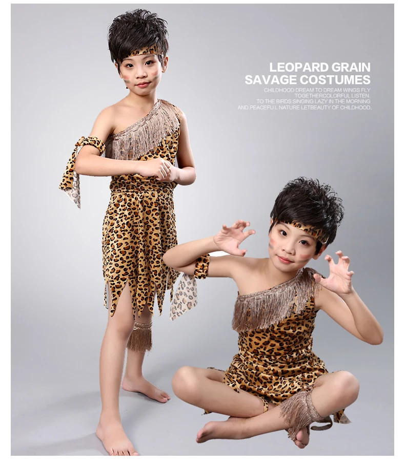 Kid Halloween Girl Savage Costumes For Boy Savage Indian Girl Leopard Stage Performance Props Child Hunter Flintstones Primitive