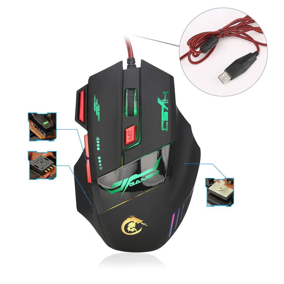 H100 Dragon 7D Adjustable Up to 5500DPI 7 Colorful Backlight Wired Optical Gaming Mouse Programming Profession Mouse