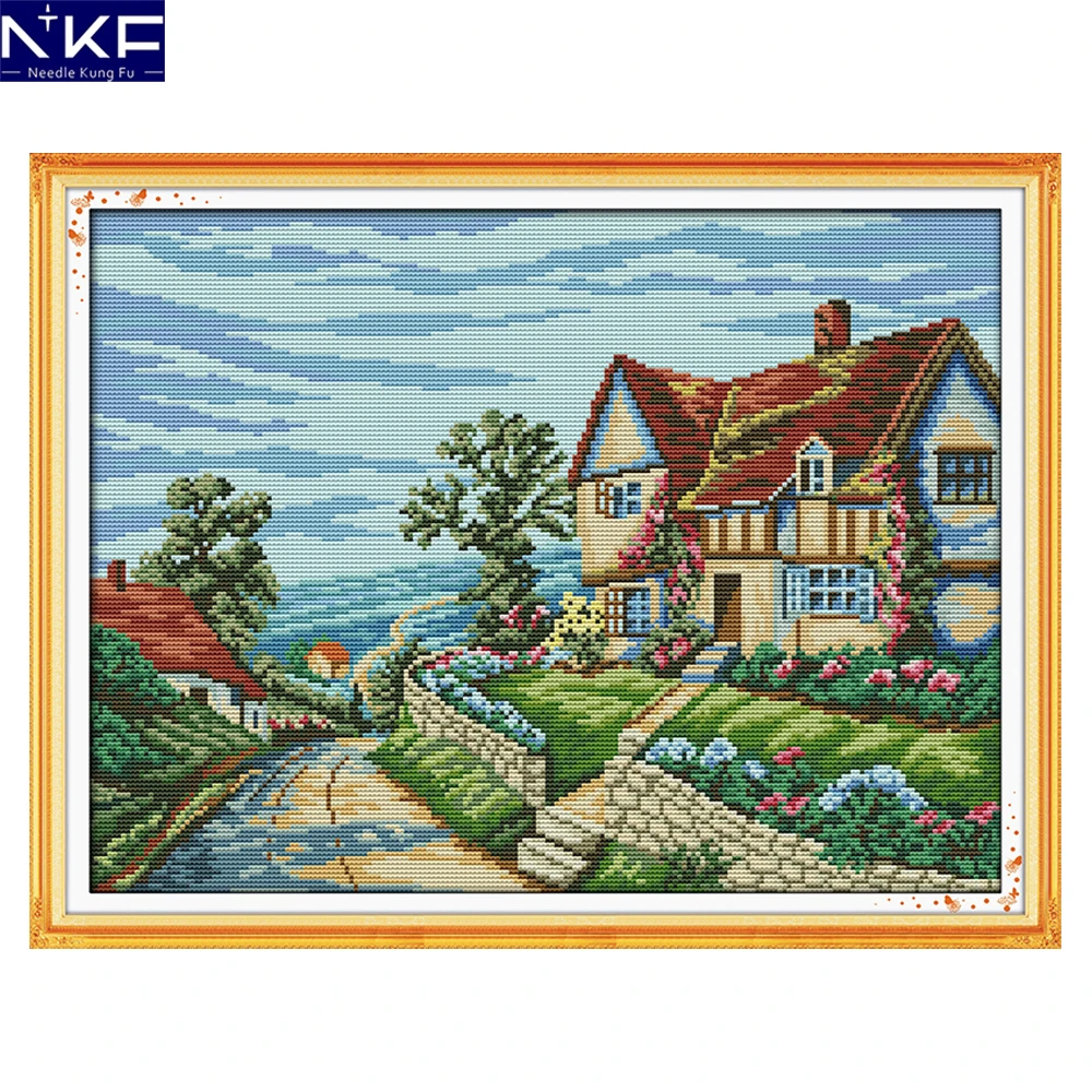 NKF Beautiful Village Counted Cross Stitch Pattern Painting DIY Needlework Embroidery Scenery Cross Stitch Kits for Home Decor