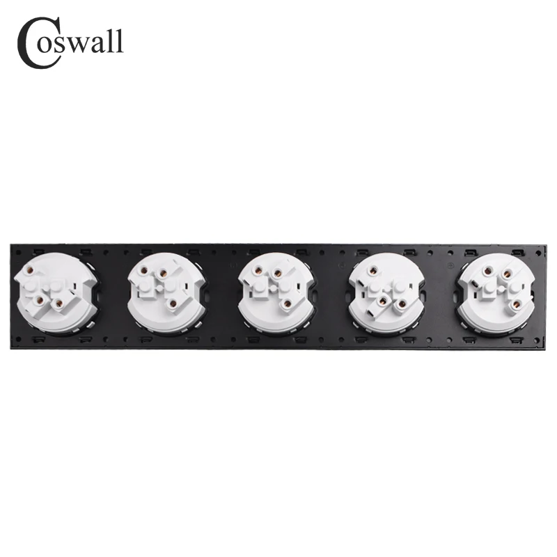 Coswall Crystal Tempered Pure Glass Panel 16A 5 Gang EU Standard Wall Power Socket Outlet Grounded With Child Protective Lock