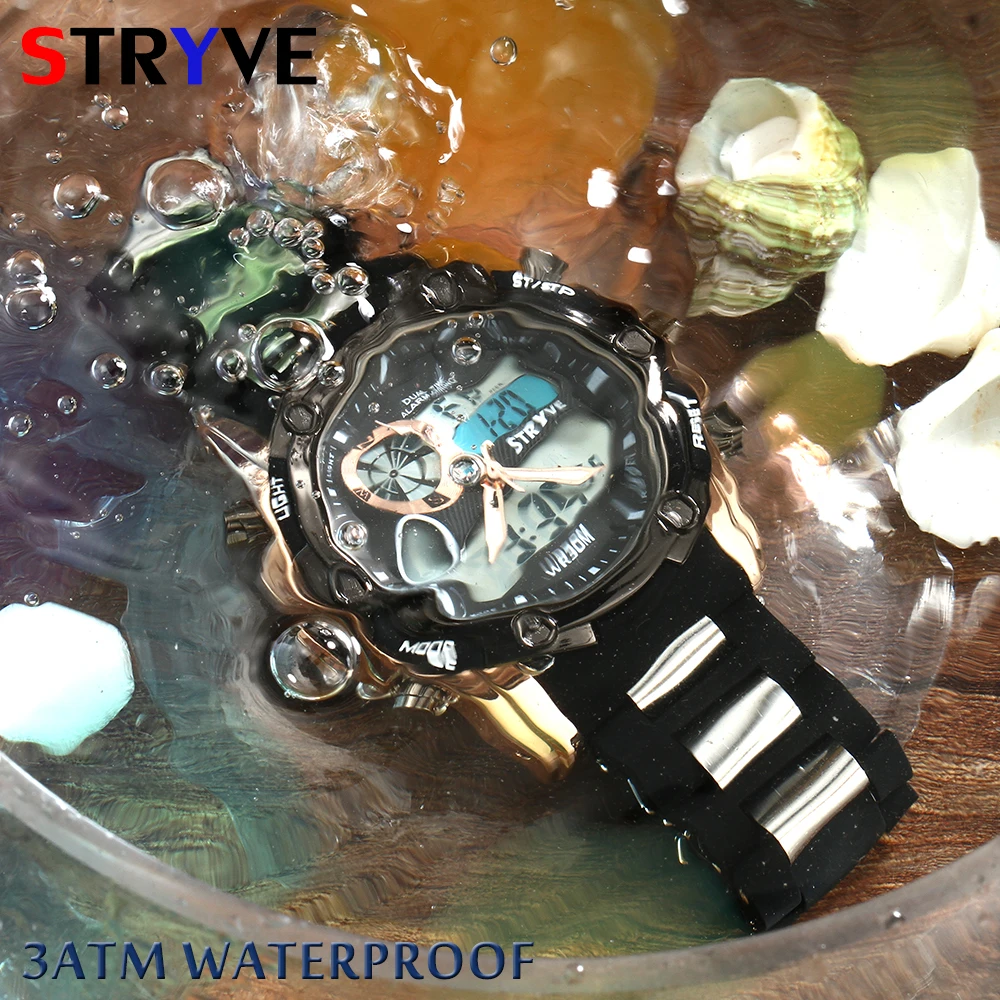 Stryve Brand Luxury Dual Display Watches Quartz Digital Led Clock 30m Water Resistant Military Big Dial Men Outdoor Sports Watch