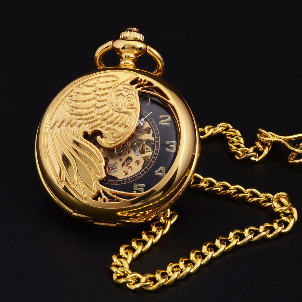 Retro Gold Semi-hollow Phoenix Wings Carving Case Men Hand Wind Necklace Fob Clock Mens Fashion Skeleton Mechanical Pocket Watch