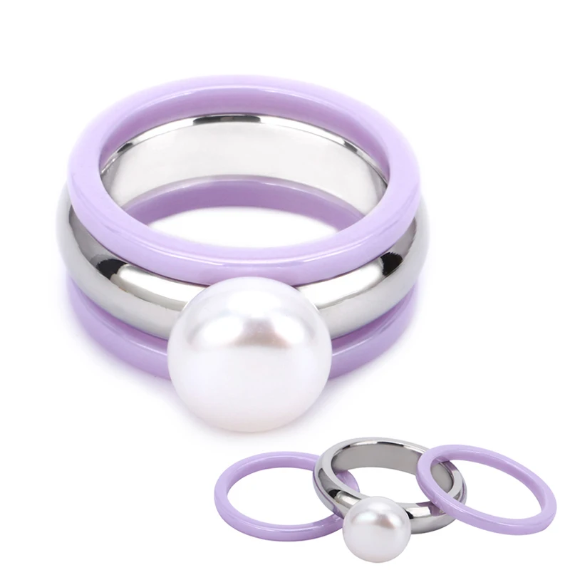 3pcs/Set Big Pearl Women Female Rings 2MM Smooth Width Purple Color Ceramic Rings For Women Anniversary Jewelry Can Be Separated