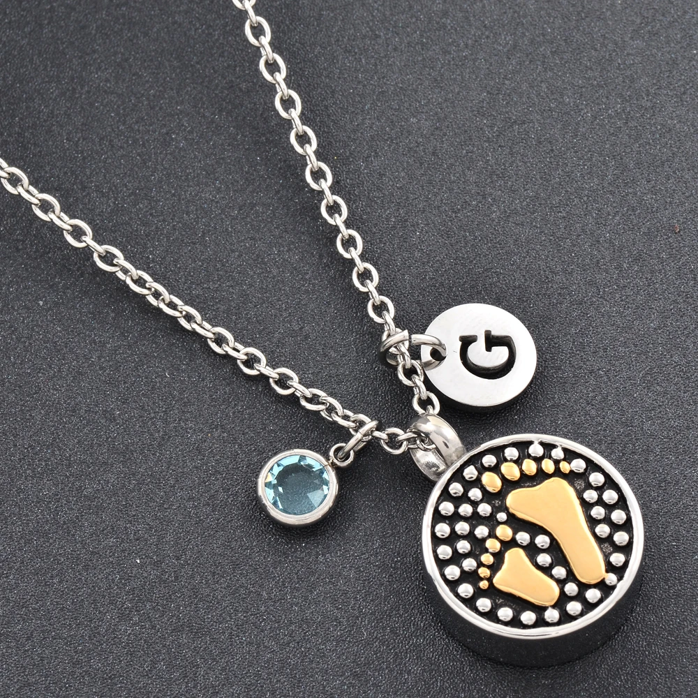 Footprint Pendant Cremation Urn Round Pendant Necklace for Ashes Holder Stainless Steel Memorial Jewelry Keepsake Jewelry