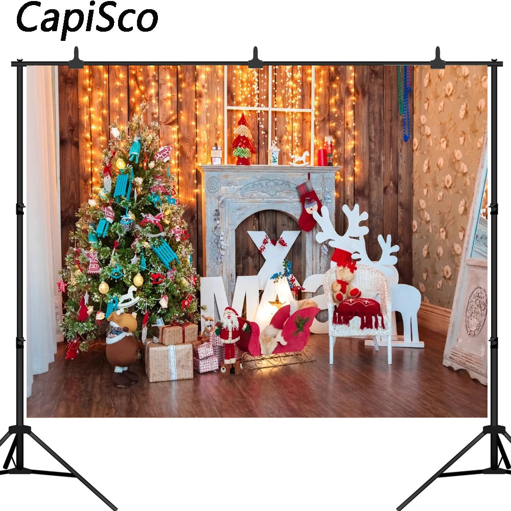 

Capisco Vinyl Photography Background Christmas Tree backdrop Fireplace Elk doll Toy Indoor Children Backdrops for Photo Studio