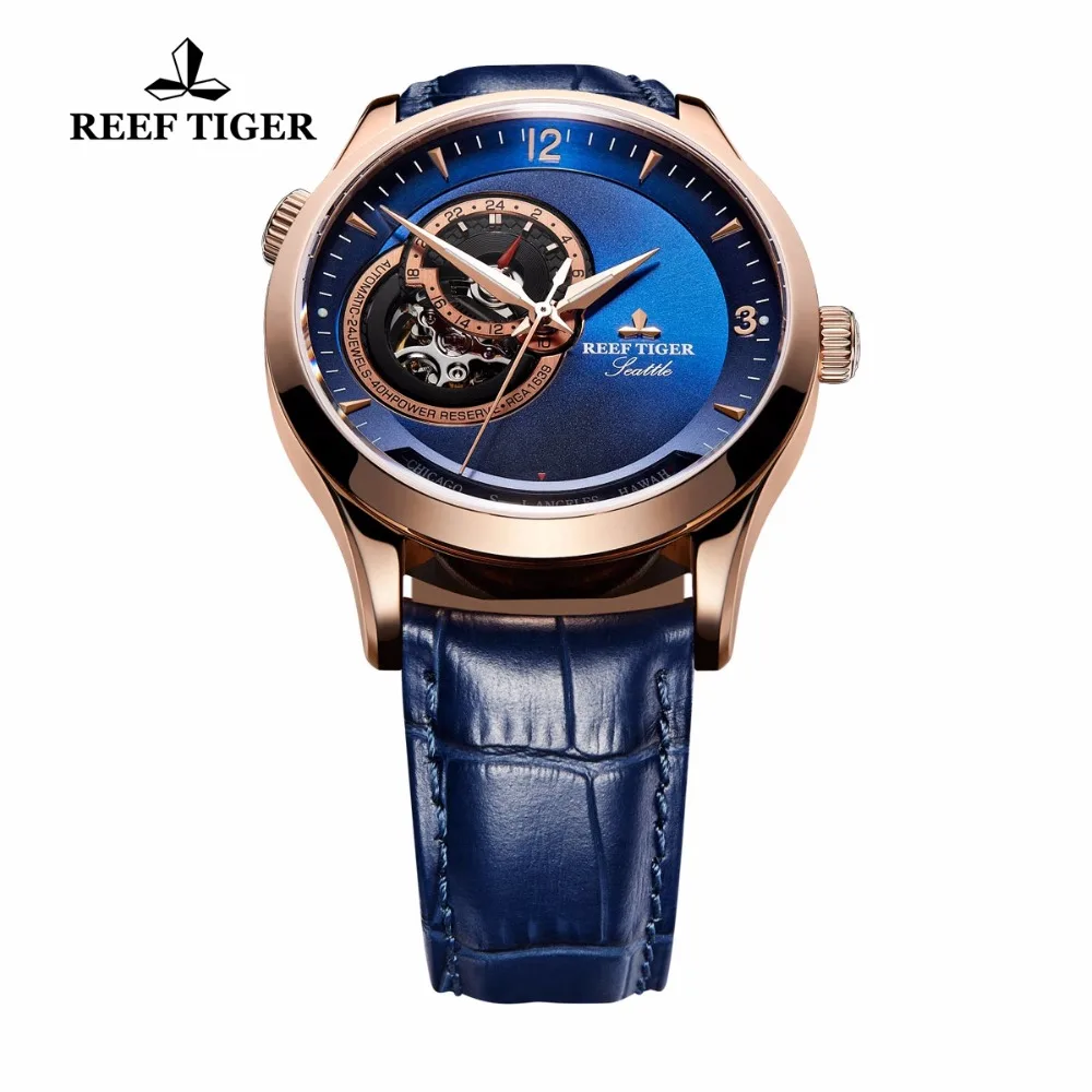 Reef Tiger/RT Casual Watches Water Resistant Rose Gold Blue Dial Watches Leather Watch Band Automatic Watches RGA1693