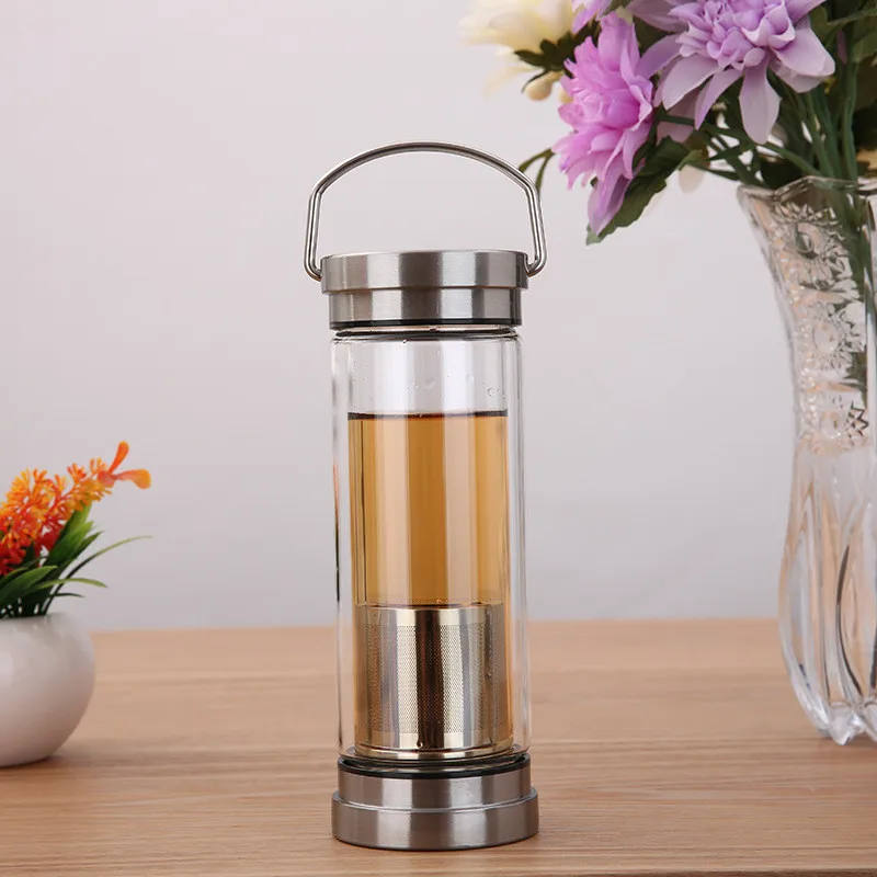 300ML 400ML Glass Water Bottle Glass Bottle with Stainless Steel Tea Infuser Filter Tea Separator Drinking Travel Glass Bottle