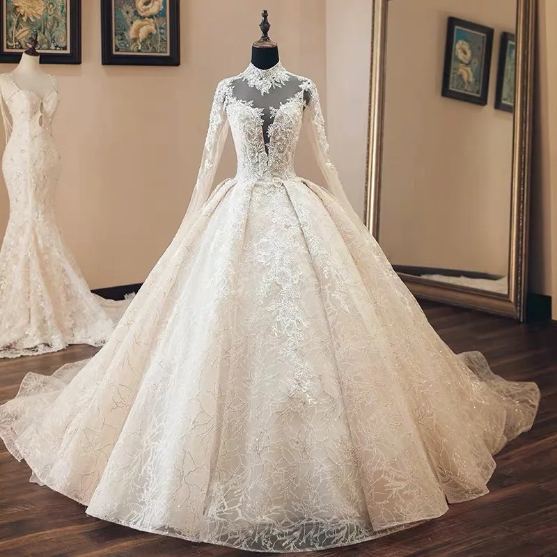 Custom Made Ball Gown Fluffy Big Train High Neck Long Sleeve Lace Crystal Beaded Luxury Wedding Dresses Wedding Gowns SA12