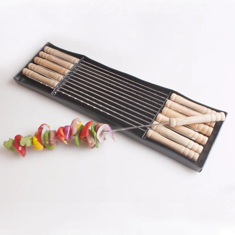 12pcs/lot 38cm/15''Wood BBQ Kebab Stick Metal bbq Skewers Wooden BBQ Skewers Barbecue Roasting Needle Grilling Kebob Skewer set