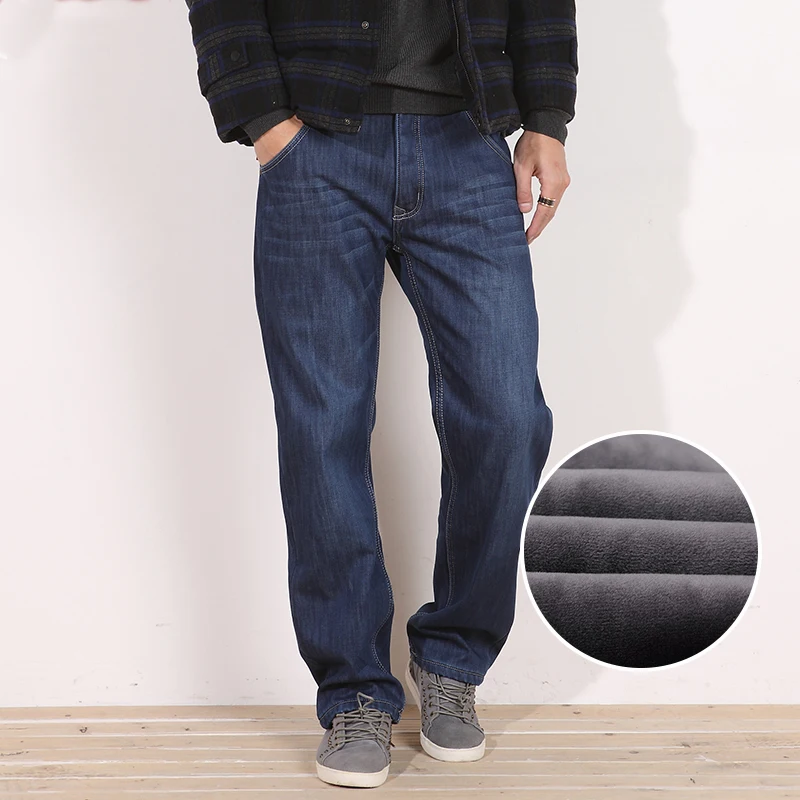 winter Thermal Warm Men Fleece Casual Straight Jeans Stretch thick Denim Flannel soft Pants Trousers  plus Size 28-48