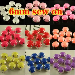 50pcs 6mm round solid candy Acrylic rhinestones Sewing On Silver Claw chatons flatback Stones For DIY Wedding Dress Decorative