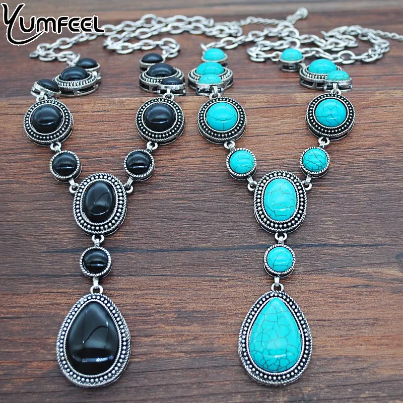 Yumfeel Classic Elegant SyntheticTurquoise Pendant Necklaces Fashion Water Drop Shape Long Chain Necklaces For Women Jewelry