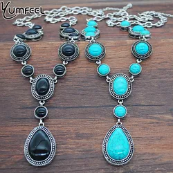 Yumfeel Classic Elegant SyntheticTurquoise Pendant Necklaces Fashion Water Drop Shape Long Chain Necklaces For Women Jewelry