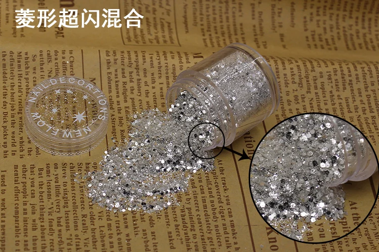 10g/box 1mm Hexagon Silver Nail Glitter Dust Fine Mix 3D Nail Sequins Acrylic Glitter Powder Large Nail Art Tips Decoration 10ML