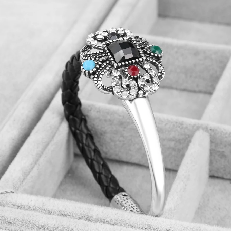 Punk Black Leather Bracelets For Women Vintage Silver Color Crystal Hollow Bow Knot Bracelet Bangles Fashion Jewelry 2018