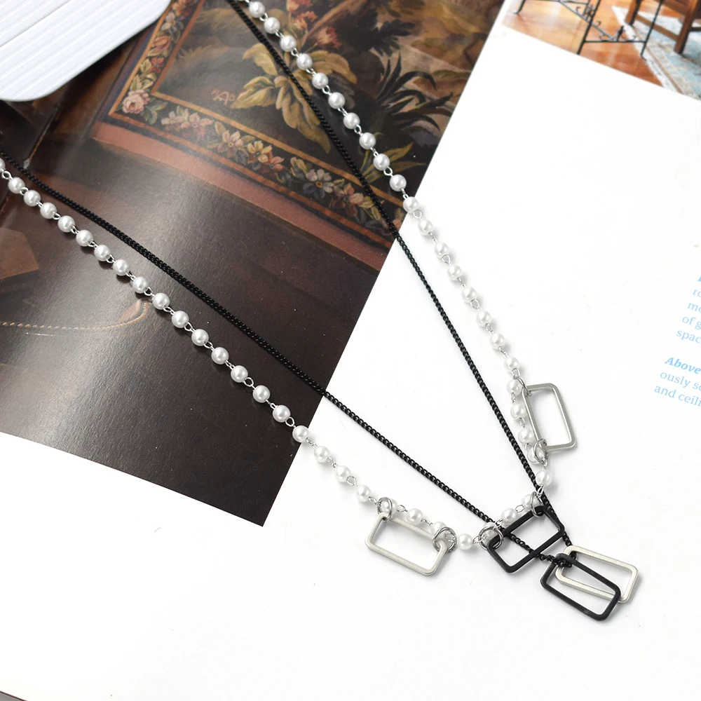 boutique fashion design pearl necklace New Brand Big Temperament Popular Korea Retro Palace Beauty Simulated coper square