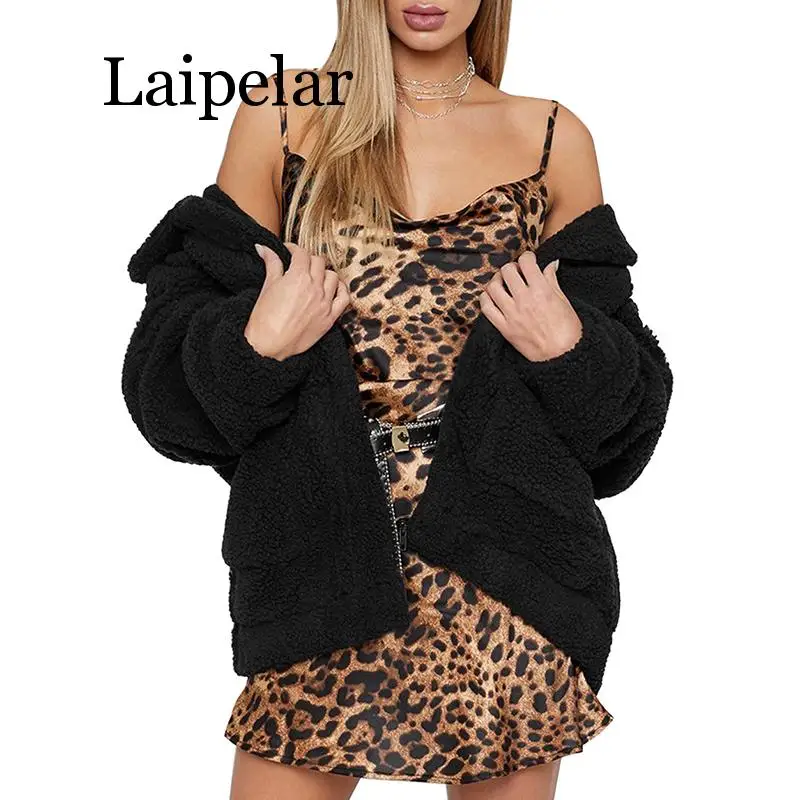 Laipelar Women Faux Fur Jacket Fluffy Teddy Bear Fleece Fake Fur Coat Zip Pocket Long Sleeve Casual Streetwear Winter Femme