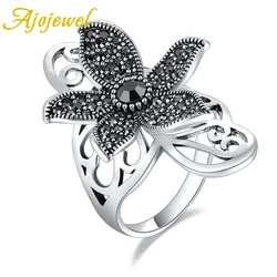 Ajojewel Womens Vintage Five Petals Flower Ring With Black Rhinestone Big Hollow Leaf Designer Jewelry Anel Size 7-9