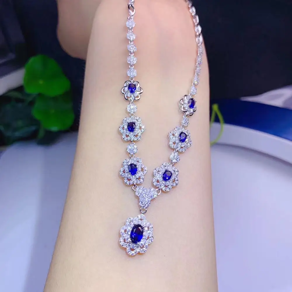 graceful blue sapphire gemstone necklace for shinning women with silver jewelry good cut real silver  hot selling gift style