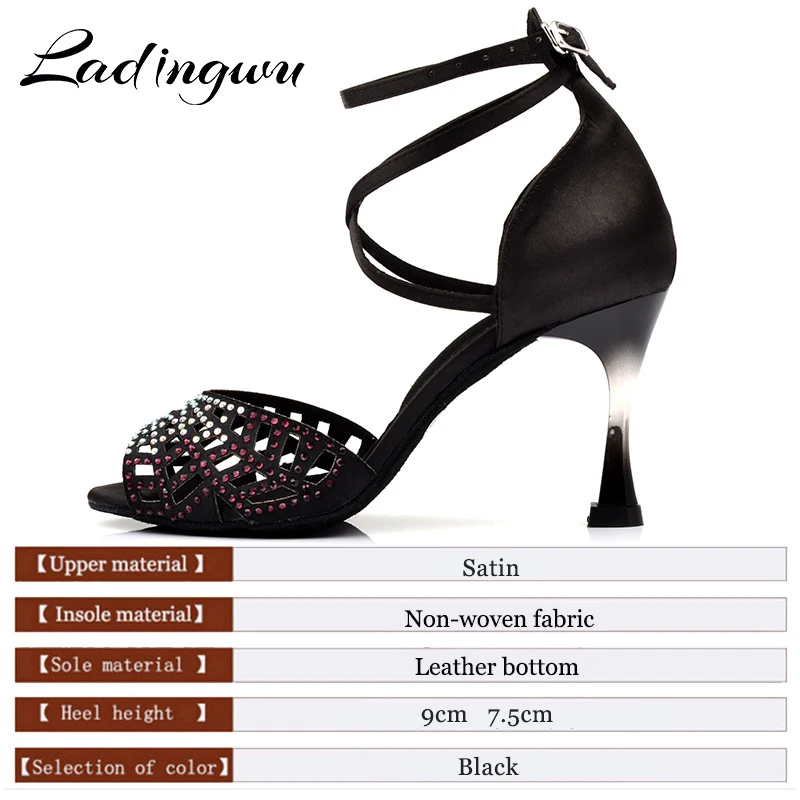 Ladingwu New Brand Latin Dance Shoes Black Satin Ballroom Profession Dance Shoes Gradient Heel and Gradient Rhinestone Design