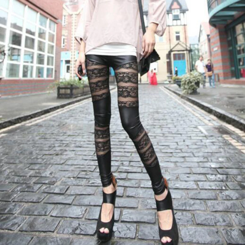 Fashion Rock Gothic Black Lace Rose Floral Pattern Hollow Stitching Leggings Rock Punk Stylish Slim PU Leather Pants For Women