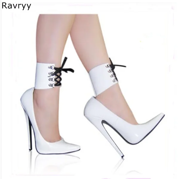 

Ankle strap Woman white high heel Pointed Toe Sexy Pumps 16CM Thin heel female dress shoes stiletto heels club party shoes