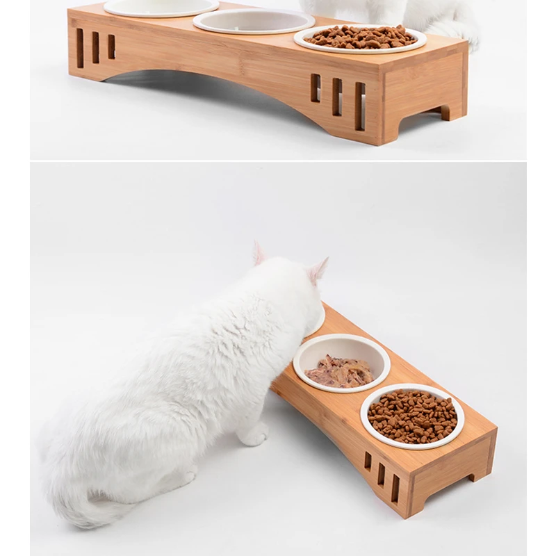 Dog Bowl Bamboo Holder Cat Feeder Ceramic Dog Double Bowls Stainless Steel Puppy Feeder Detachable Pet Bowl