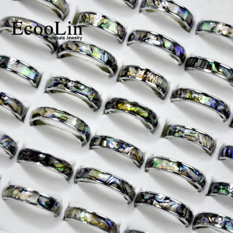 50Pcs Fashion Natural Shellfish Abalone Shell 316L Stainless Steel Rings For Women Jewelry Lots Bulk LR4029