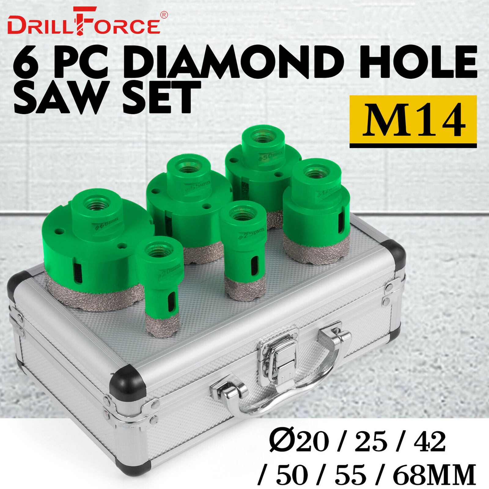 

Drillforce 6PCS Diamond Hole Saws Set 20/25/42/50/55/68mm M14 Durable Carborundum Ceramics M14 Thread Drill Core