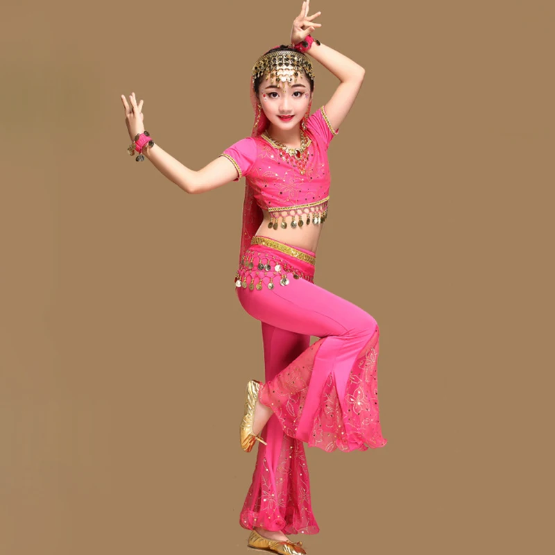 2018 sari dança roupa de crianças estilo indiano roupas de bollywood conjunto de dança do ventre conjunto com 5 peças (top, cinto, calça, véu, argola de cabelo)