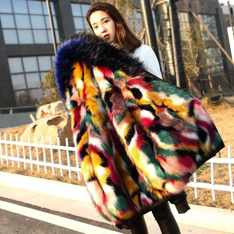 Winter Women Faux Fur Parker Coat Short Hooded Big Fur Collar Jackert female Colorful Slim Thick Warm Faux Fur Outerwear L1288