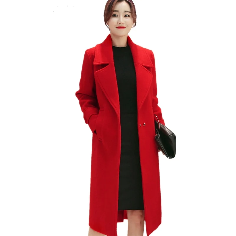 Women's woolen coat red Turn-down Collar Slim thickening 2019