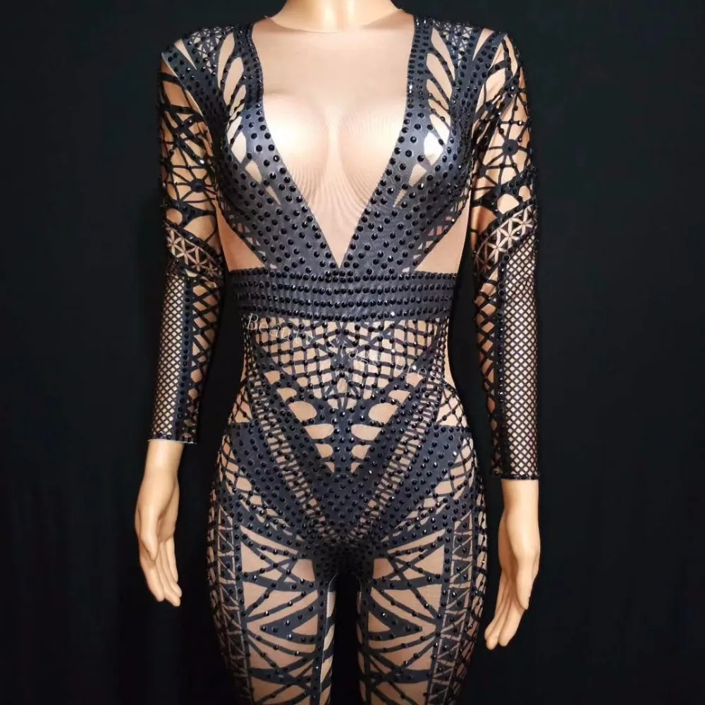 Women's Fashion Black Jumpsuit Costume One-piece Nightclub Dance Bandage Printed Outfit Party Stage Celebrate Wear