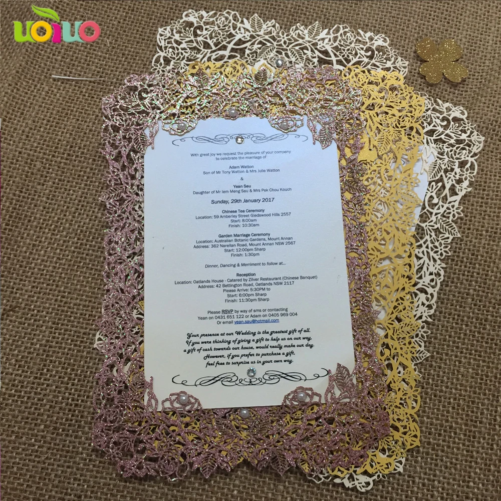 

DIY customzied 50pcs inc34 Laser Cut Wedding invitations Card Wedding rose purple Pearl Paper Invitation Card Party Favors