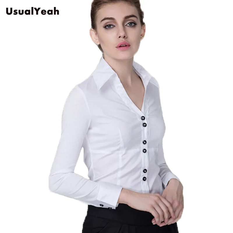 Nowe mody eleganckie do biura, długa rękaw, dekolt w serek OL Casual Body bluzka dla kobiet przycisk blusas biały czarny S-XXL SY0171