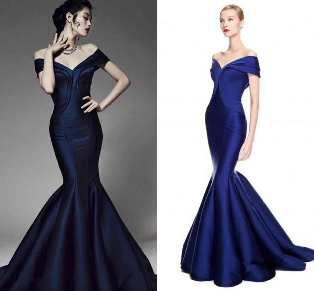 Dark Blue Prom Dresses Mermaid Style New Arrival Stain V Neck Cap Sleeve Floor Length Ruffles Party Long Bridesmaid Dresses