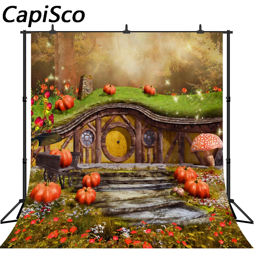 كابيسكو خرافة منزل خلفيات للتصوير الفوتوغرافي خلفيات حفلة الطفل استوديو الصور اليقطين الفطر الزهور خلفية الصورة