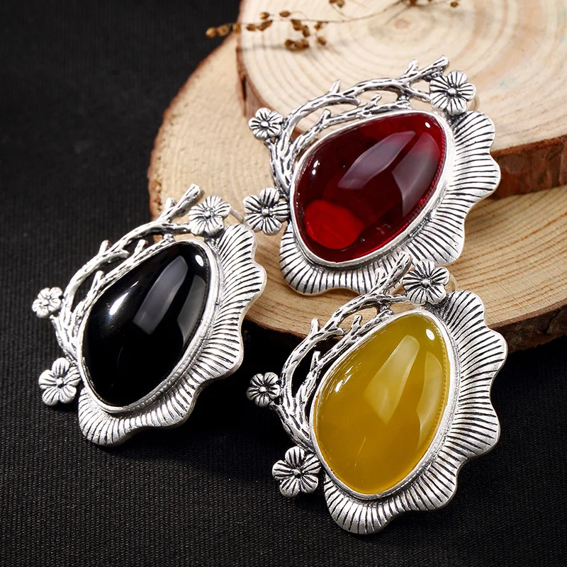 

S990 pure silver matte old chalcedony pomegranate red plum sterling silver retro long sweater chain pendant