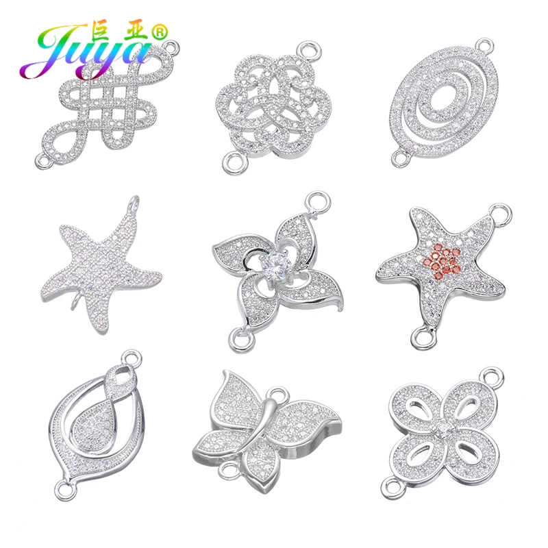 Juya Handmade Charm Earrings Accessories Micro Pave Zircon Lucky Leaf Flower Connectors For Bracelets Necklace Earrings Making