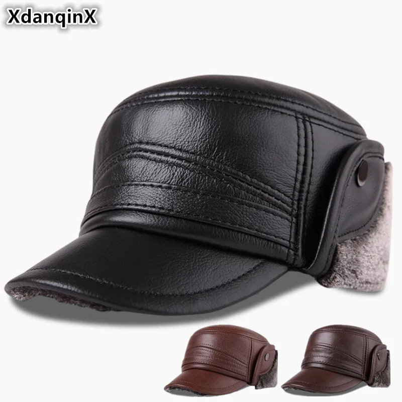 XdanqinX Winter Men\'s Cap Genuine Leather Hat Plus Velvet Thick Warm Baseball Cap With Earmuffs Cowhide Leather Warm Hat For Men