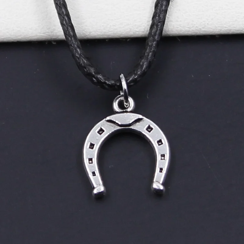 New Durable Black Faux Leather Lucky Horseshoe Horse Pendant Cord Choker DIY Necklace Retro Boho Tibetan Silver Color