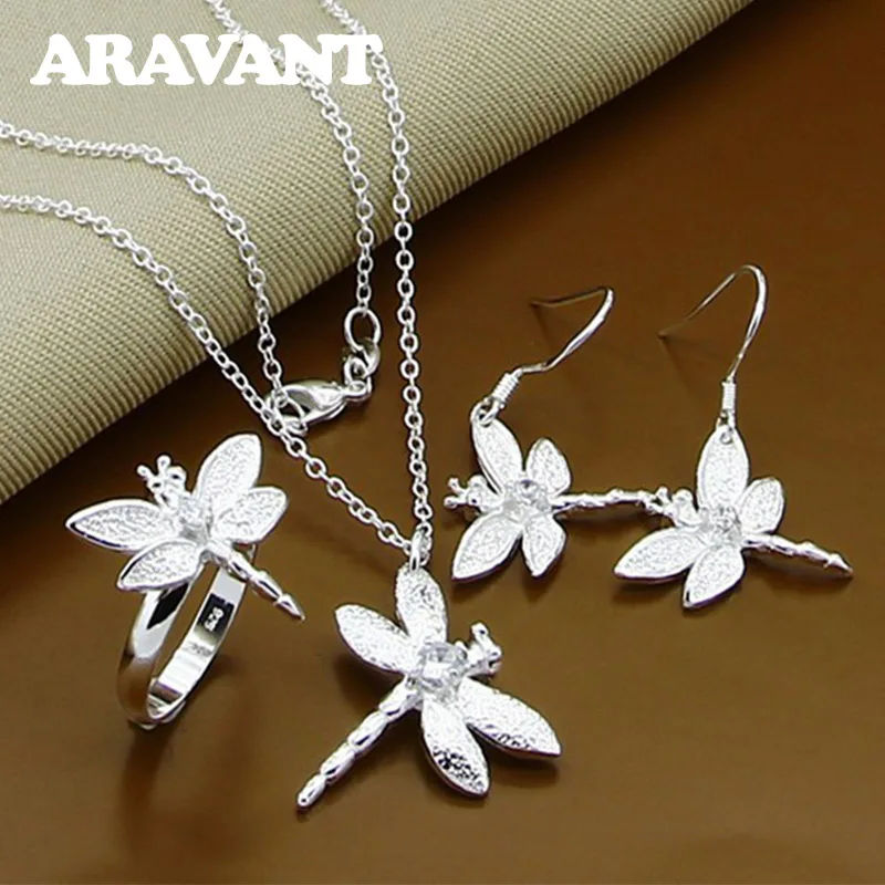 

925 Silver Jewelry Dragonfly Earrings Rings Necklaces Set For Women Luxury Jewelry Sets