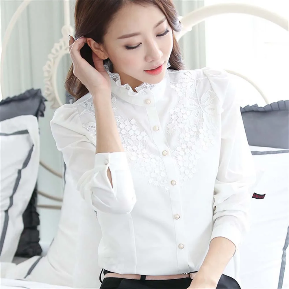 

Stand Collar Top Women Shirt Embroidery Lace Long Sleeve White Blouse Shirt Women's Casual Loose Blouses Mujer