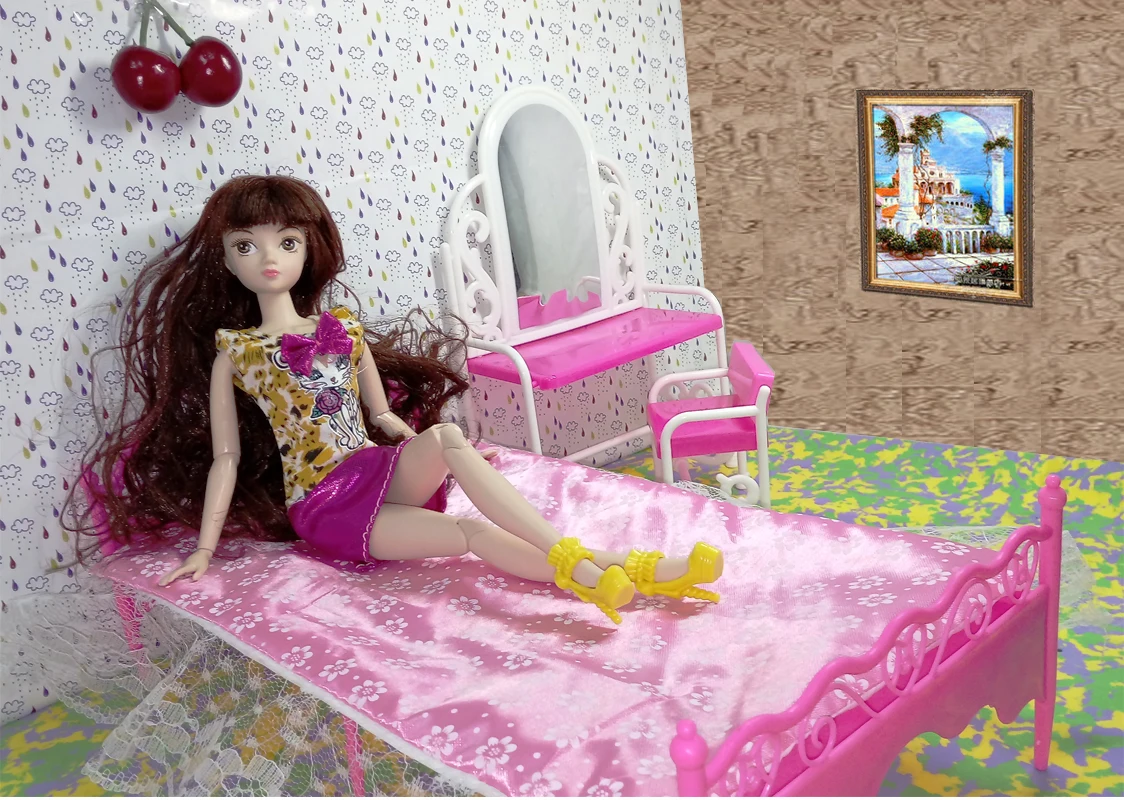 Doll Accessories Toys Girls Play House Toys Big Bed & Dresser Dressing Table with Chairs Doll House Furniture For Barbie Doll