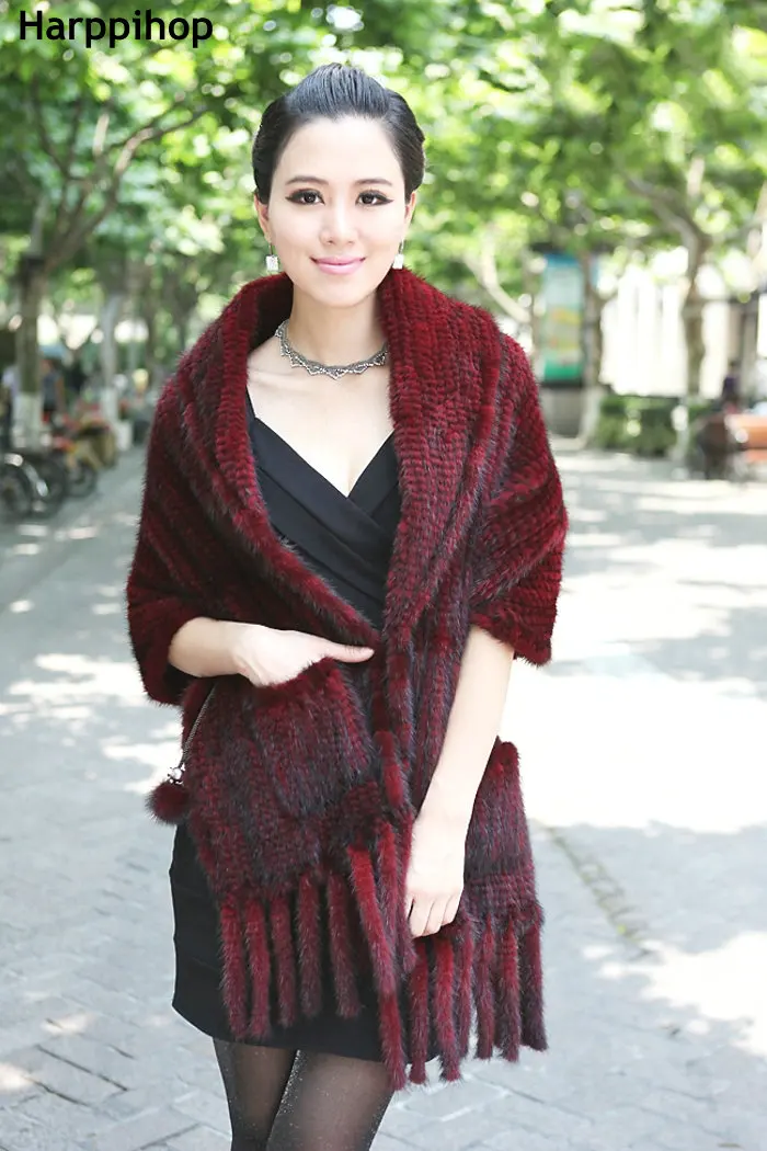 Luxury Women's Genuine Real Knitted Mink Fur Scarves with Tassels Lady Pashmina Wraps Autumn Winter Women Fur Shawls