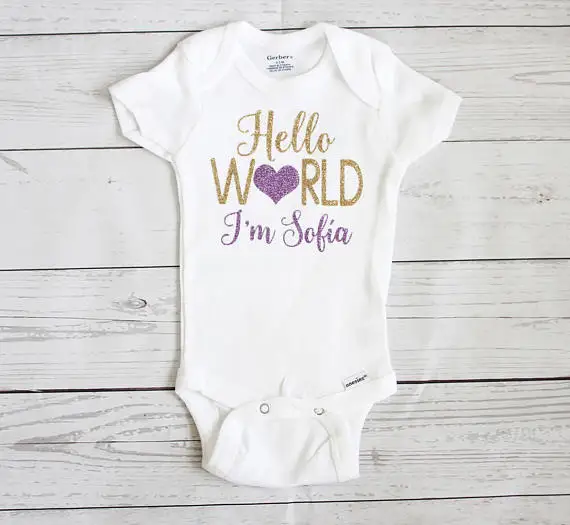 csutom name HELLO WORLD birthday baby bodysuit onepiece romper Outfit Take Home toddler shirt baby shower New Year party favors