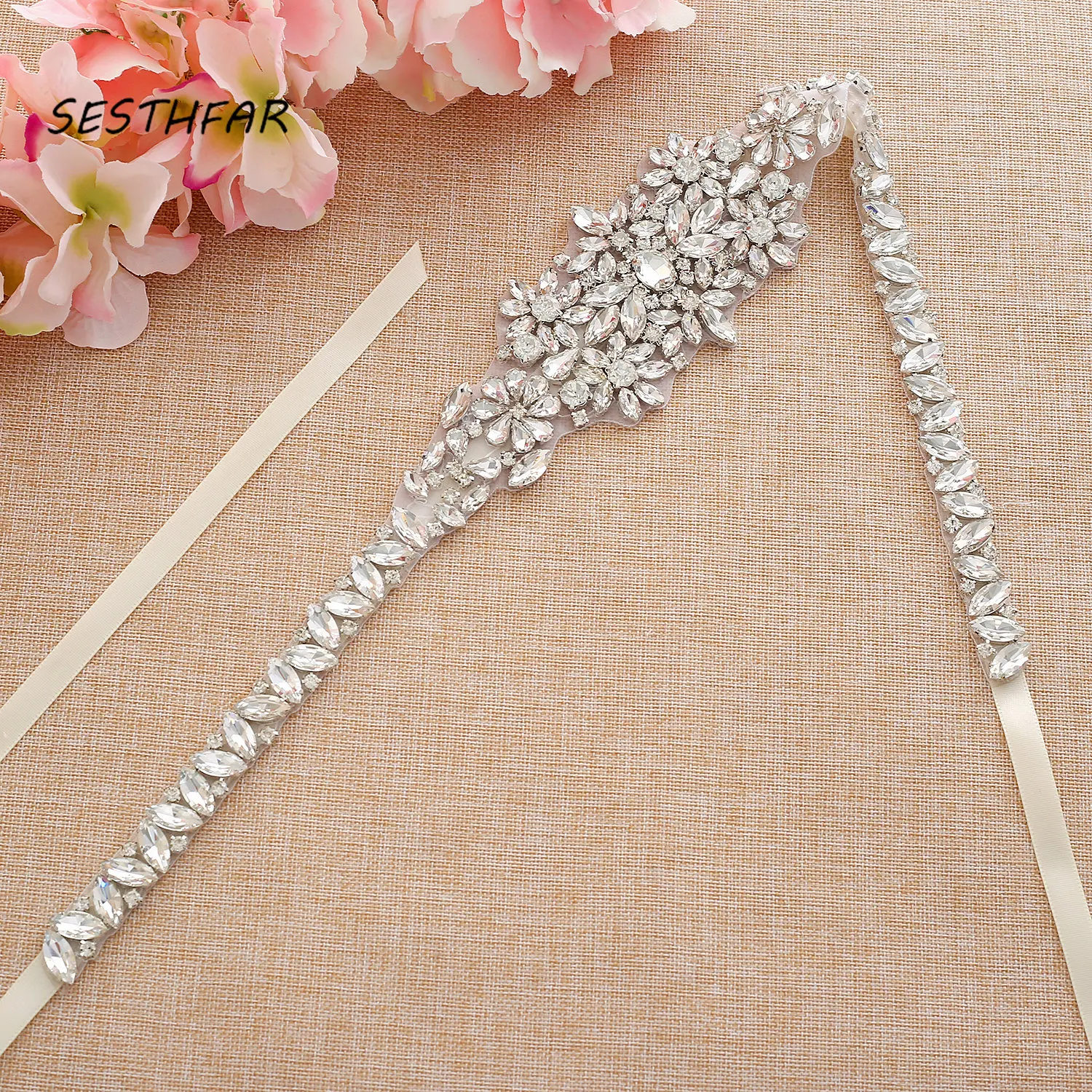 SESTHFAR Crystal Wedding Belts Silver Rhinestones Bridal Dress Belt Handmade Pearls Belt For Women Evening Dress