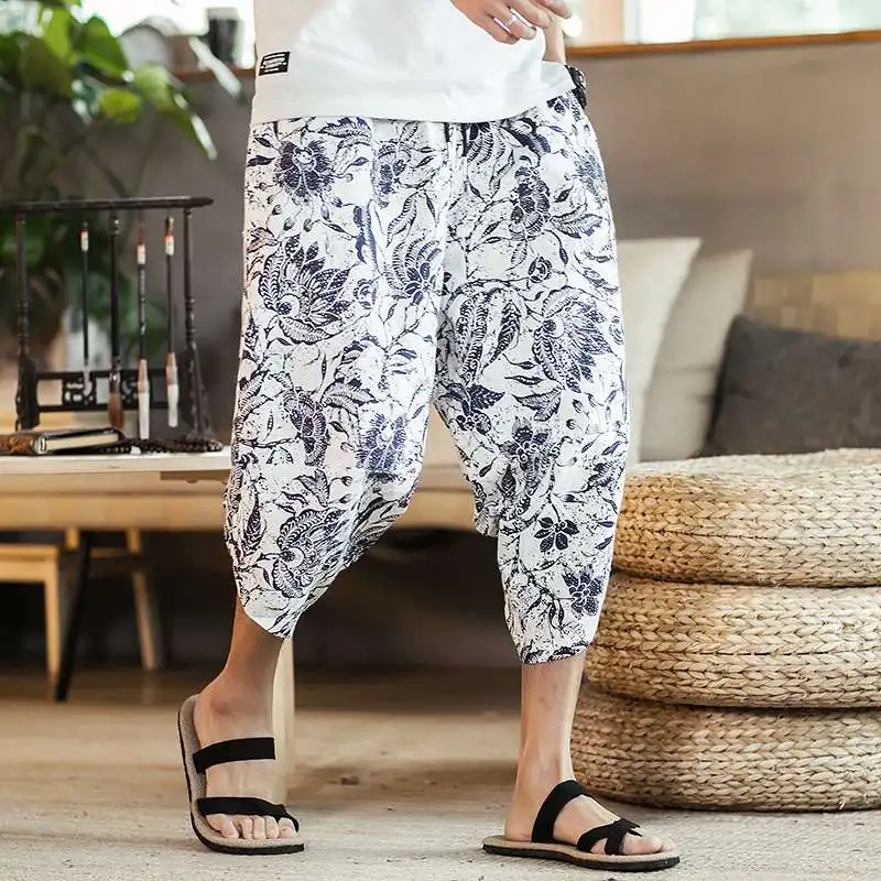 Summer Casual Loose Shorts Men Hip Hop Trousers Male Print Vintage Flowers Print Calf Length Short Beach Mens Linen Clothing 5XL